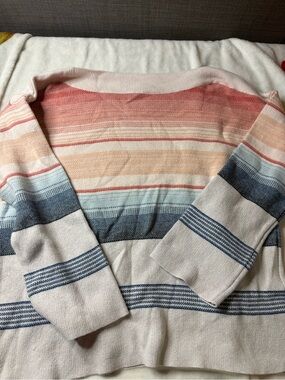 JohnPaulRichard Off-the-Shoulder Striped Sweater in Coral, Peach, Blue and Cream